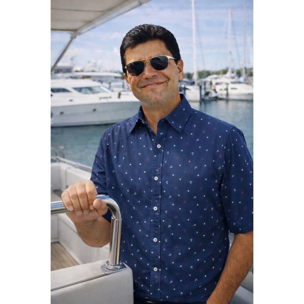 Nautical Montage Mens Button Up Shirt 2XL Blue SS  Preppy Resort Casual